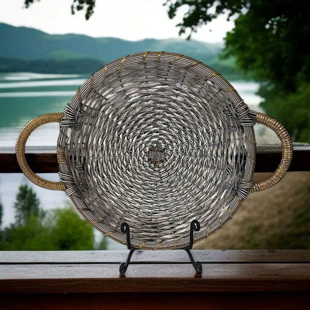 Vintage Woven Metal Wire Basket Tray Handles Silver Tone Rustic Farmhouse Tuscan